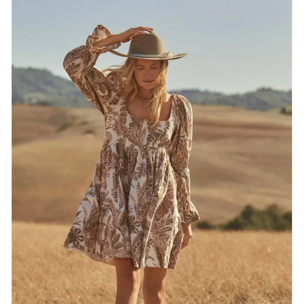 Anthropologie Pilcro Square-Neck Corduroy Babydoll Mini Dress Brown Paisley XS